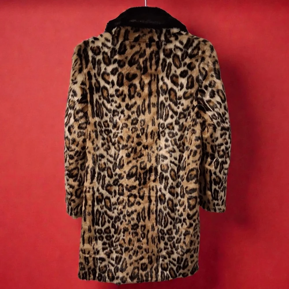 TOPSHOP Leopard Print Faux Fur Coat Mid-Length Mob Wife Style Women Size: 8